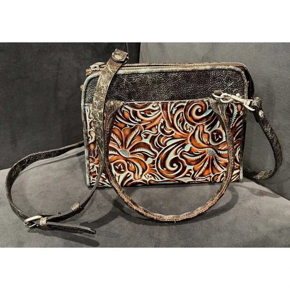 Patricia Nash Burnished Tooled Paris Turquoise And Rust Colored Satchel